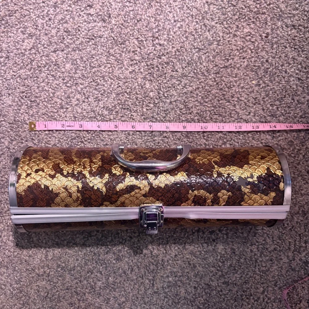 Unbranded Cylindrical Hard Case Women OS Gold Brown Good Metallic‎ Fan Pattern